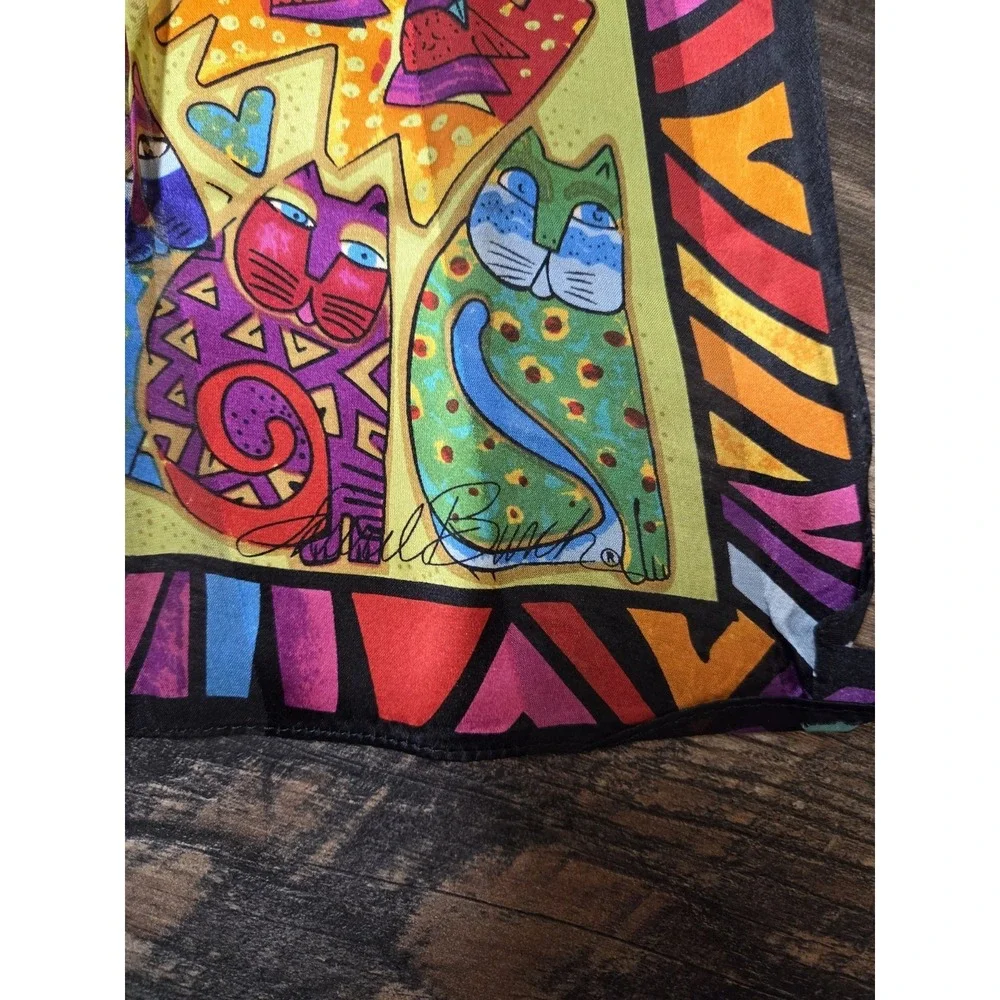 Laurel Burch Silk Colorful Felines Cat Silk Scarf Rectangle Vintage - Picture 2 of 5